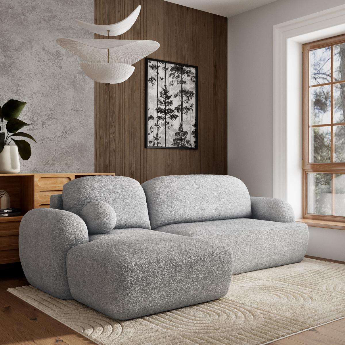 ECKSOFA MODENZA N L-S Hellgrau Boucle-Stoff mit Schlaffunktion - Hellgrau/Schwarz, Holz/Kunststoff (266/148cm) - MASSENO