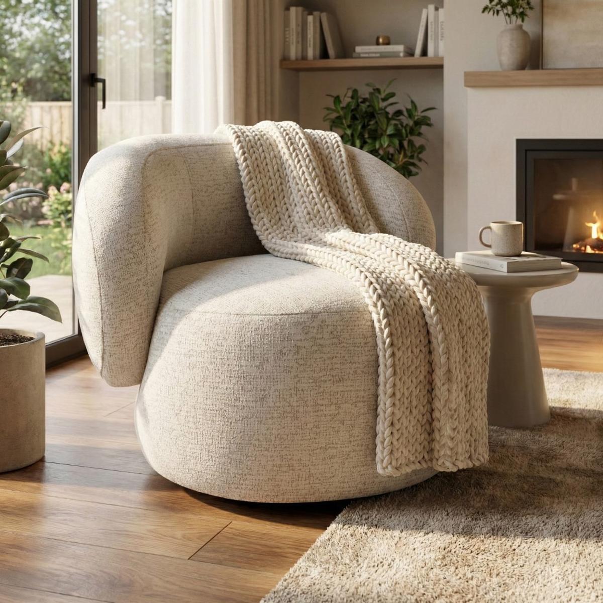 SESSEL Mao, Drehsessel mit runder Form, Beige, Chenille-Stoff - Beige, Textil (99/82/91cm) - Beautysofa