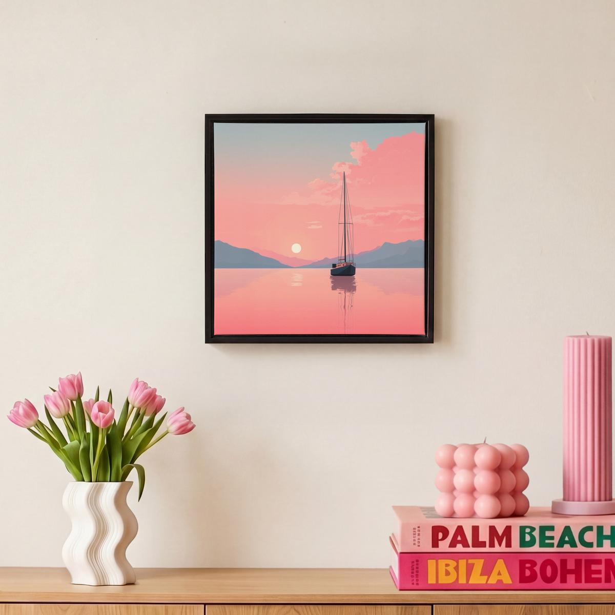 LEINWAND Bilder mit Rahmen - Segelboot - Rosa Meer - Sonnenuntergang - Berge - 20x20 - Rosa, Textil (20/20cm) - MuchoWow