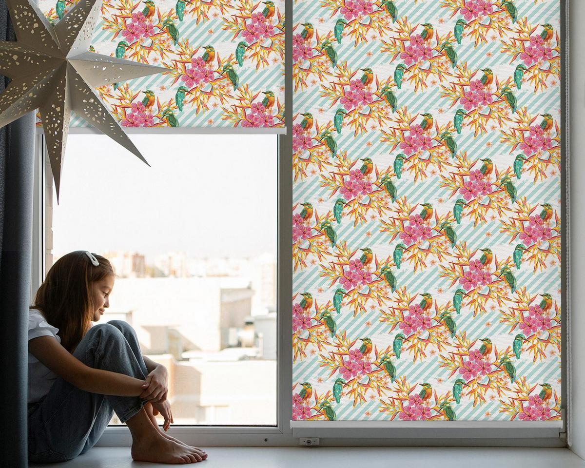 INNENROLLO - Fensterrollo - Rollo - 110x140 cm - Vögel zwischen den Baumzweigen - Pink, Kunststoff (110/140/0.5cm) - TULUP