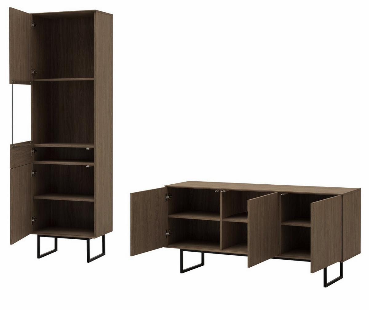 WOHNWAND in Nussbaum 2-teilig 220 cm, Komplett-Set mit Push-to-Open - Nussbaumfarben/Schwarz, Glas/Holzwerkstoff (220/200/40cm) - Furn.Design