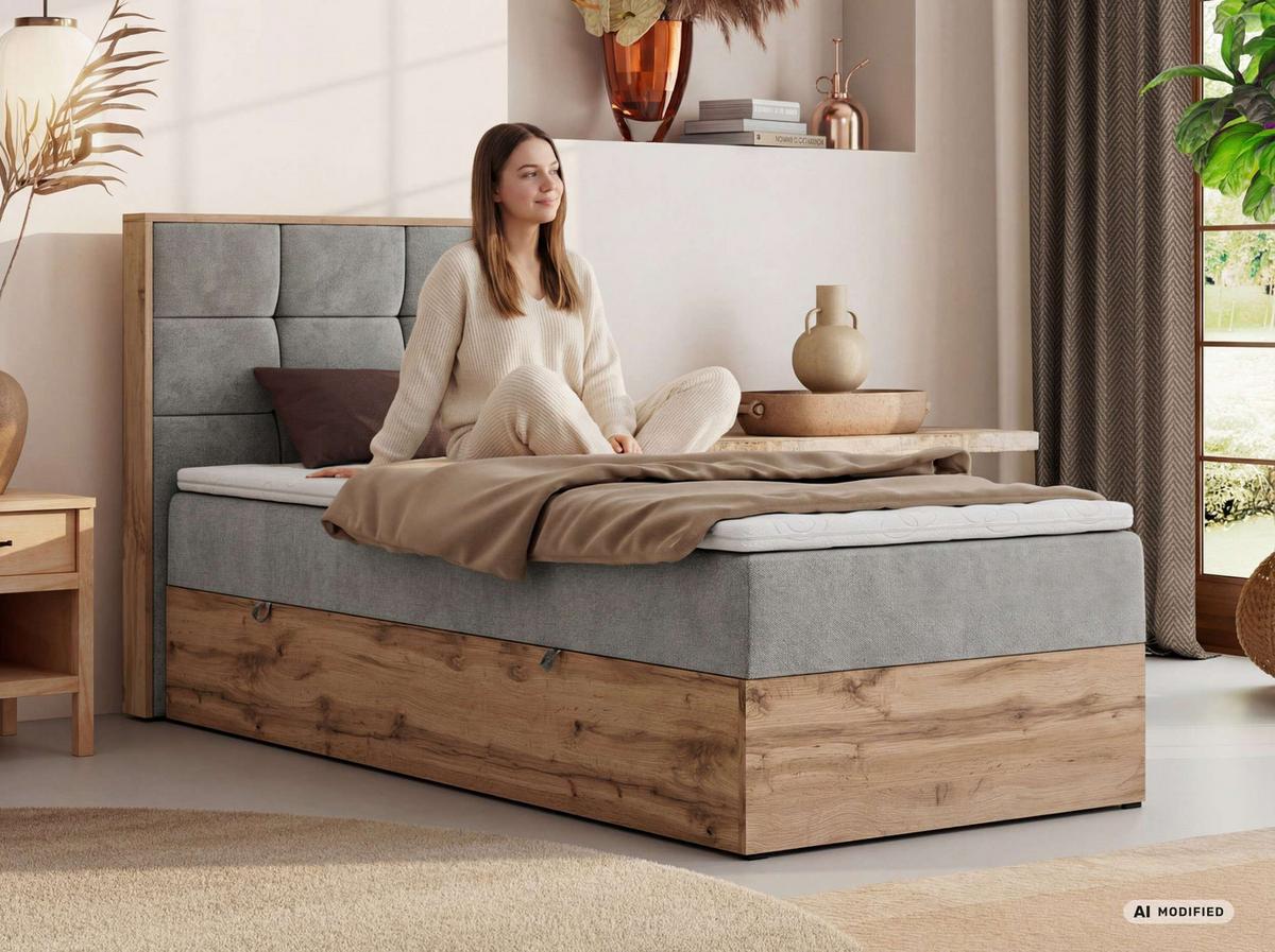 BOXBETT ALBERO 1 90/200 - Hellgrau Stukture - Topper T25 - H3 - Links - Silberfarben/Hellgrau, Kunststoff/Textil (90/200cm) - MKS
