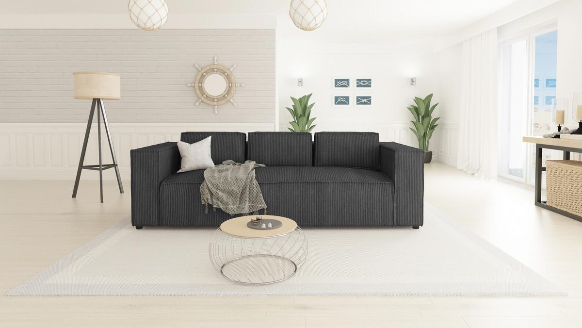 3-SITZER-SOFA Nova Grau Cord - Schwarz/Grau, Holz/Kunststoff (230/64/92cm) - S-Style Möbel