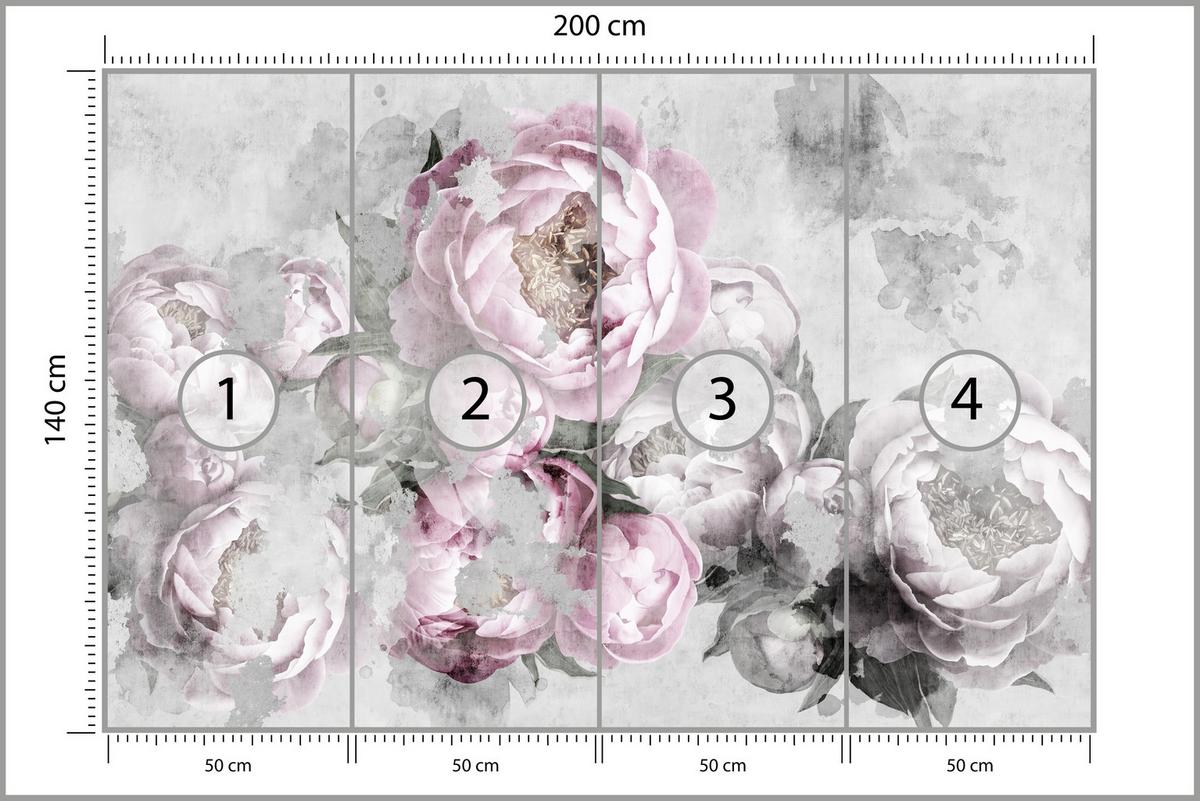 FOTOTAPETE für Küche Abstrakte Pink Pfingstrosen Beton Vintage 200x140 - Rosa/Grau, Papier (200/140cm) - Muralo