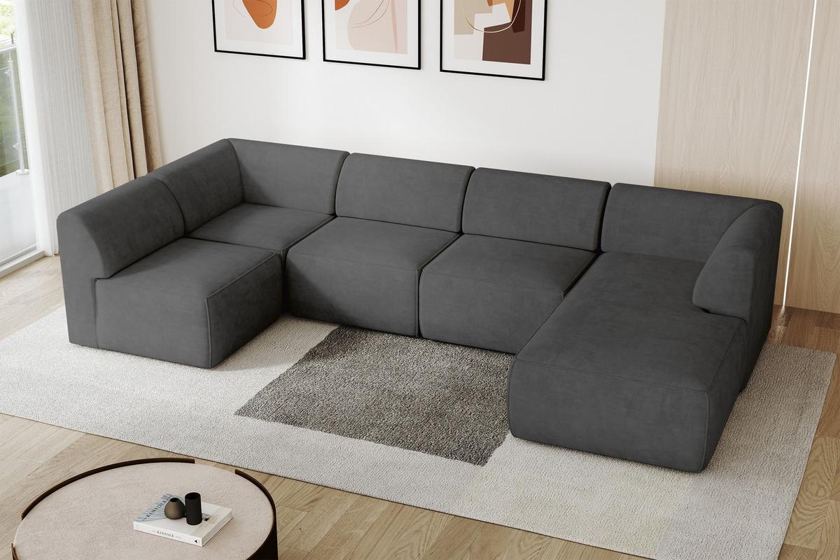 WOHNLANDSCHAFT Ottomane Rechts MOVO-L 345x180x78 cm Dunkelgrau Velours - Eschefarben, Holzwerkstoff/Kunststoff (180/78/345cm) - ALTDECOR