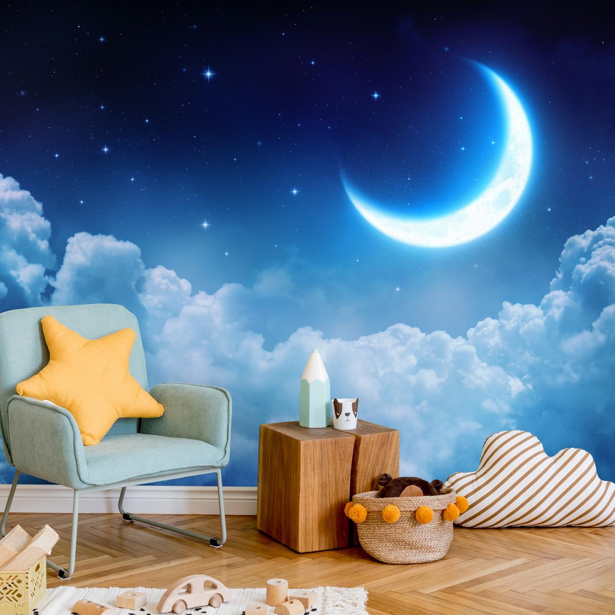 FOTOTAPETE für Schlafzimmer Himmel Wolken Mond Sterne 250x175 - Blau/Dunkelblau, Papier (250/175cm) - Muralo