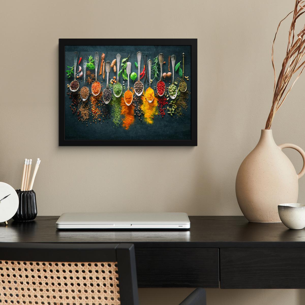 POSTER MIT RAHMENGERAHMTES BILD Kräuter - Gewürze - Löffel 40x30 cm - Currygelb, Papier (40/30cm) - MuchoWow