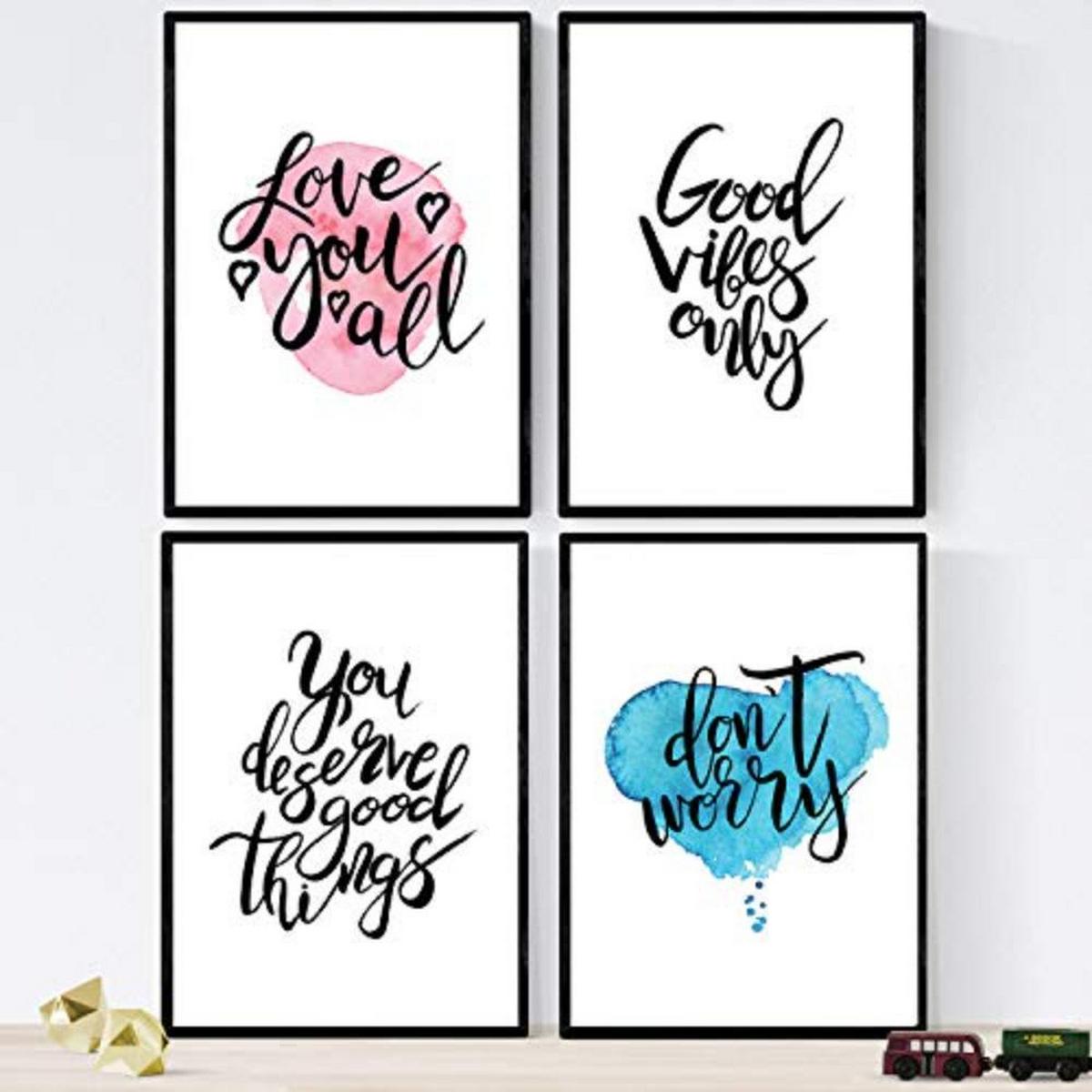 POSTER Set mit 4 glücklich und bunt ‚Gutes Leben‘ A3 Schwarzer Rahmen - Schwarz, Papier (29.7/3cm) - Nacnic