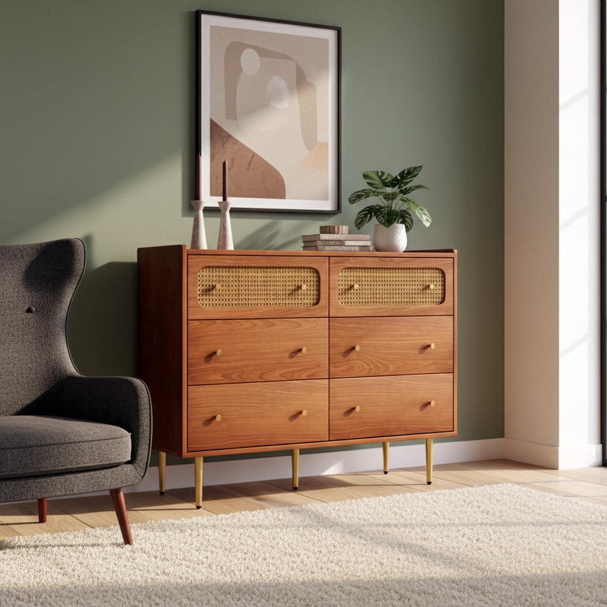 SIDEBOARD mit 6 Schubladen und Rattan-Elementen - Braun, Holzwerkstoff/Metall (120/90/40cm) - Urban Meuble