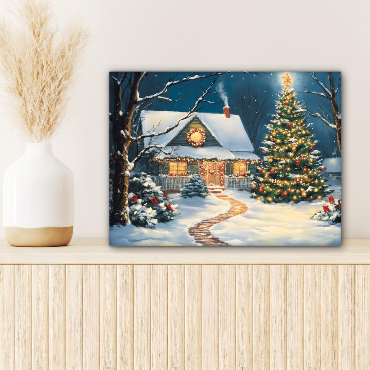 LEINWANDBILD Weihnachten - Weihnachtsbaum - Winter - Zuhause - Schnee Wandbild 40x30 cm - Smaragdgrün, Textil (40/30cm) - MuchoWow