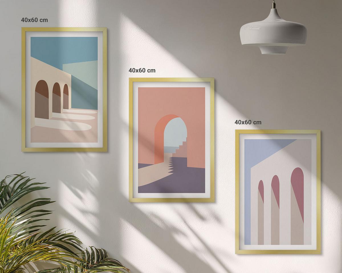 BILDER SET 3er Set - 40x60 cm Goldrahmen - Architekturgrafiken in Pastellfarben - Goldfarben, Kunststoff (40/60cm) - TULUP