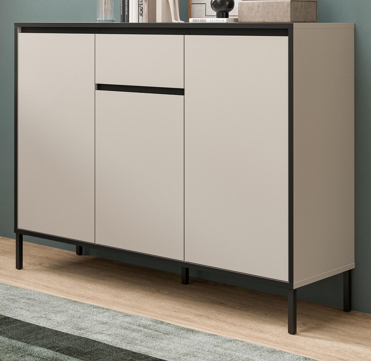 SIDEBOARD Kaschmir / Sand mit Schwarz, hohe Kommode 3-türig 136 x 101 cm, mit viel Stauraum - Sandfarben/Kaschmir, Holzwerkstoff/Metall (136/101/38cm) - Inn.Furn