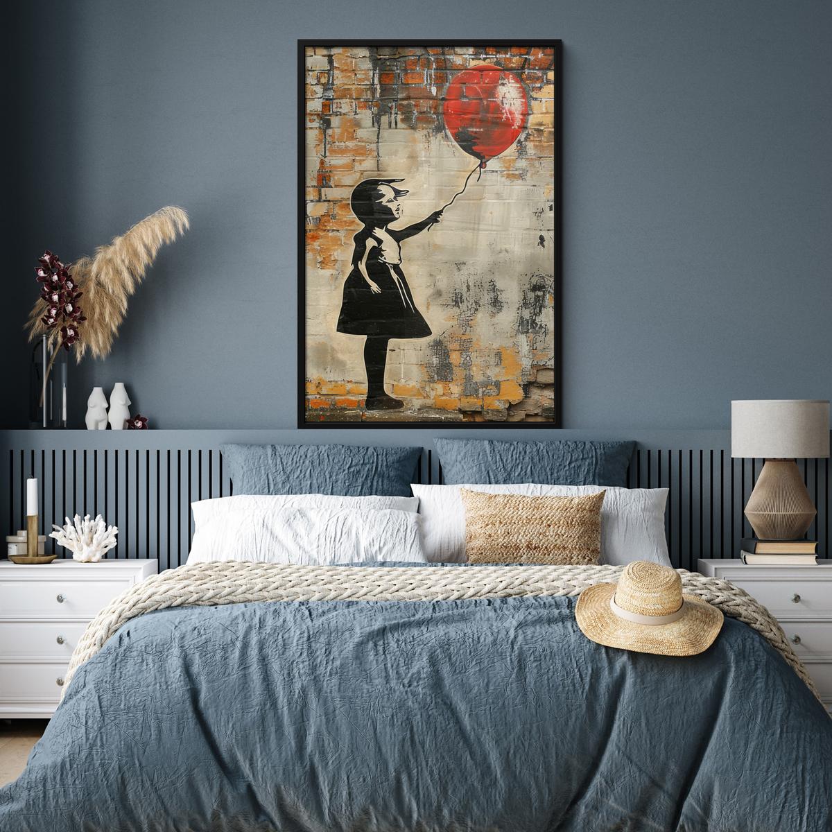 POSTER MIT RAHMEN Graffiti - Banksy - Mädchen - Straßenkunst Bilderleiste 80x120 cm - Sandfarben, Papier (80/120cm) - MuchoWow