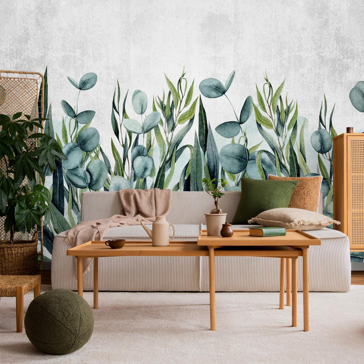 FOTOTAPETE für Wohnzimmer Blätter Beton Aquarell 400x280 - Grau/Grün, Papier (400/280cm) - Muralo