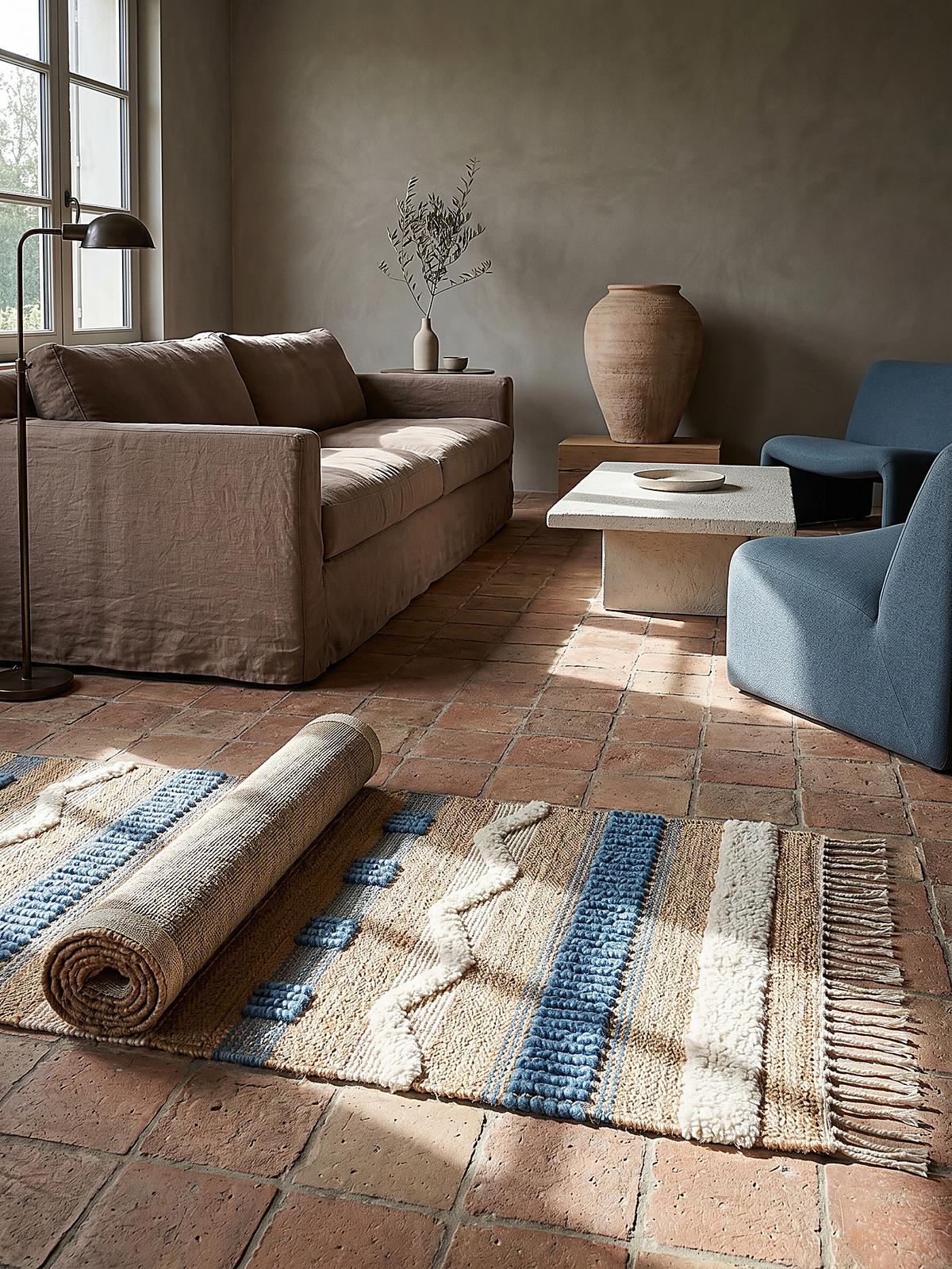 JUTETEPPICH handgewebt mit Fransen WHARFE, im Ethno-Stil, Natur-Blau, 60 x 230 cm - Blau, Textil (230/60cm) - KADIMA DESIGN