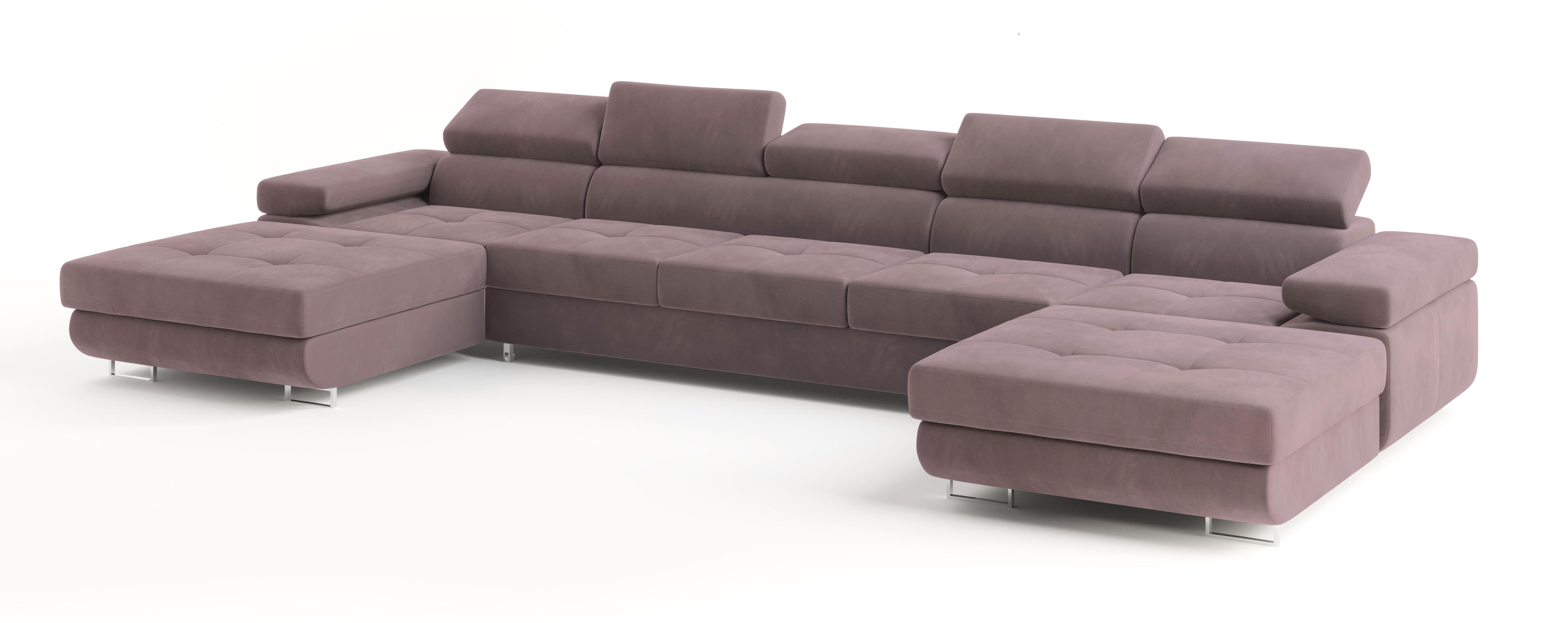 WOHNLANDSCHAFT OMBRA Lila Velours-Stoff mit Schlaffunktion - Lila, Holz (425/90/202cm) - MASSENO