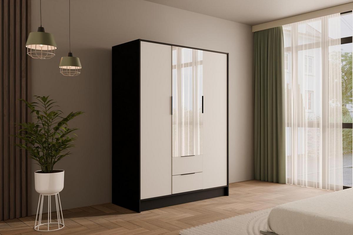 KLEIDERSCHRANK mit Spiegel und Flügeltüren KOLIN 150x200cm Schwarz / Weiß - Schwarz/Weiß, Holzwerkstoff (150/200/51cm) - ALTDECOR