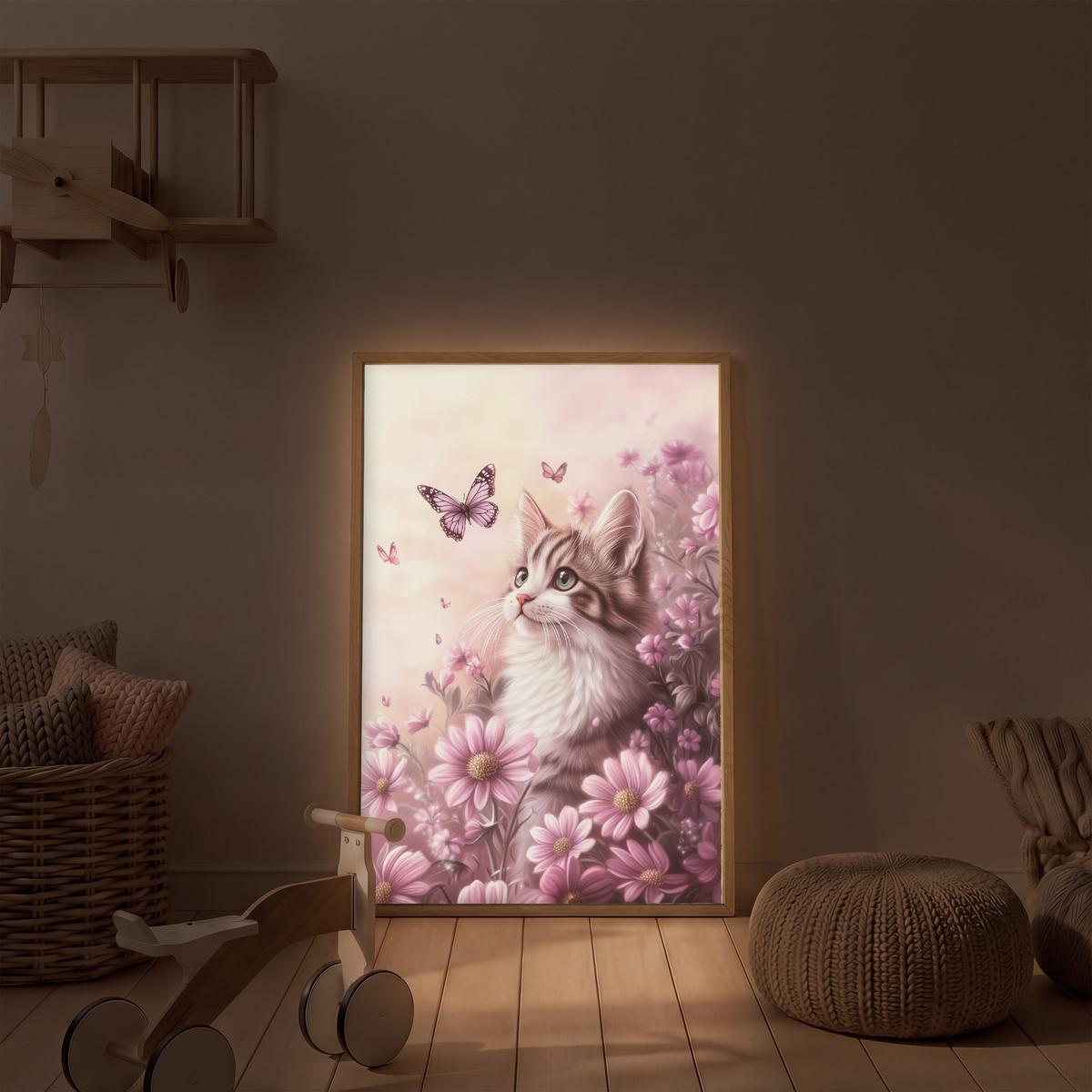WANDLEUCHTE MIT AKKU Kätzchen - Blumen - Schmetterlinge - Lila 70x100 cm - Altrosa, Holzwerkstoff (70/100/8cm) - OnlyWow