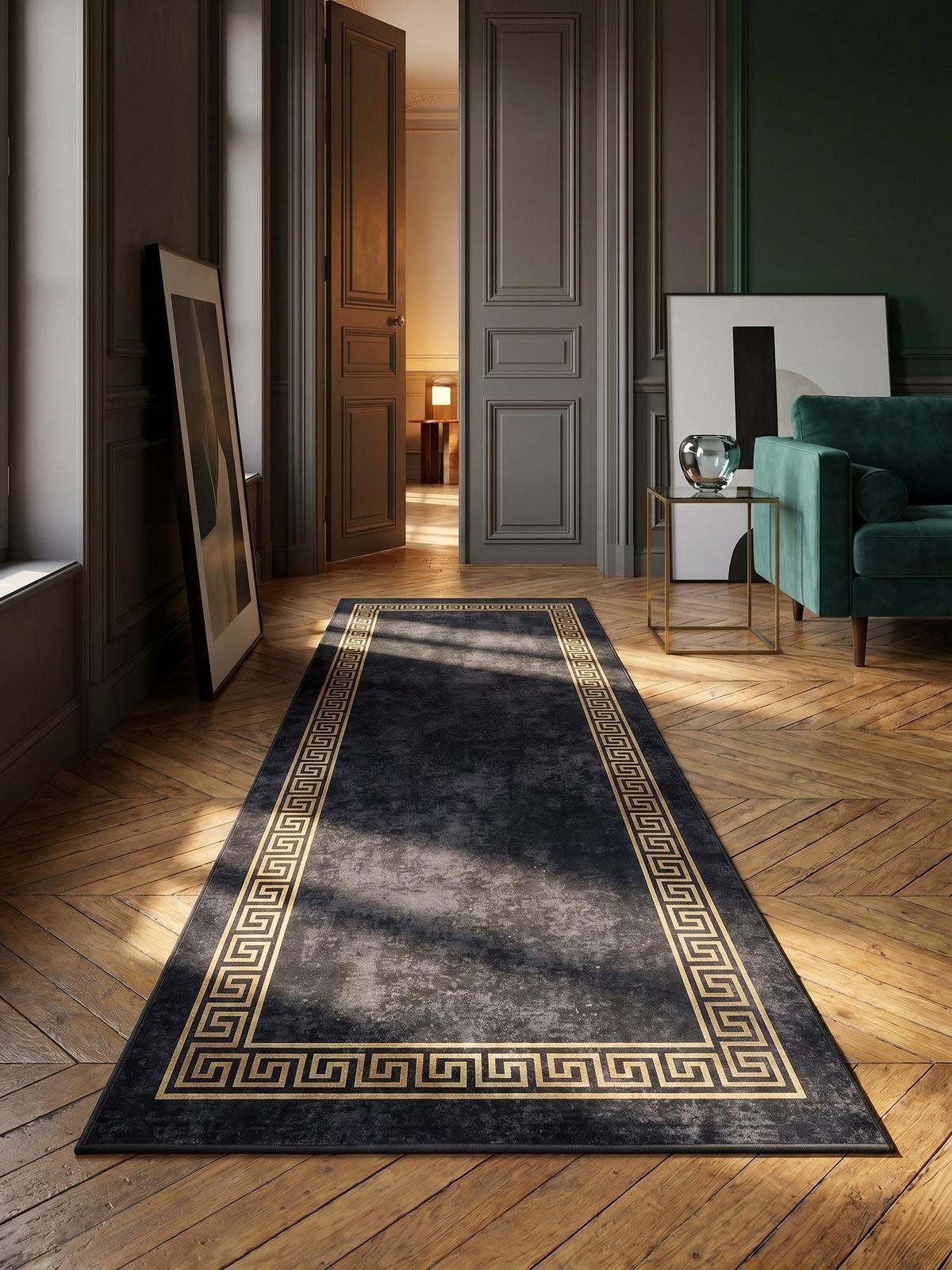 TEPPICH Flachgewebe Waschbar PIZOL in Schwarz, mit Mäander-Muster, 80 x 250 cm - Schwarz, Textil (250/80cm) - KADIMA DESIGN