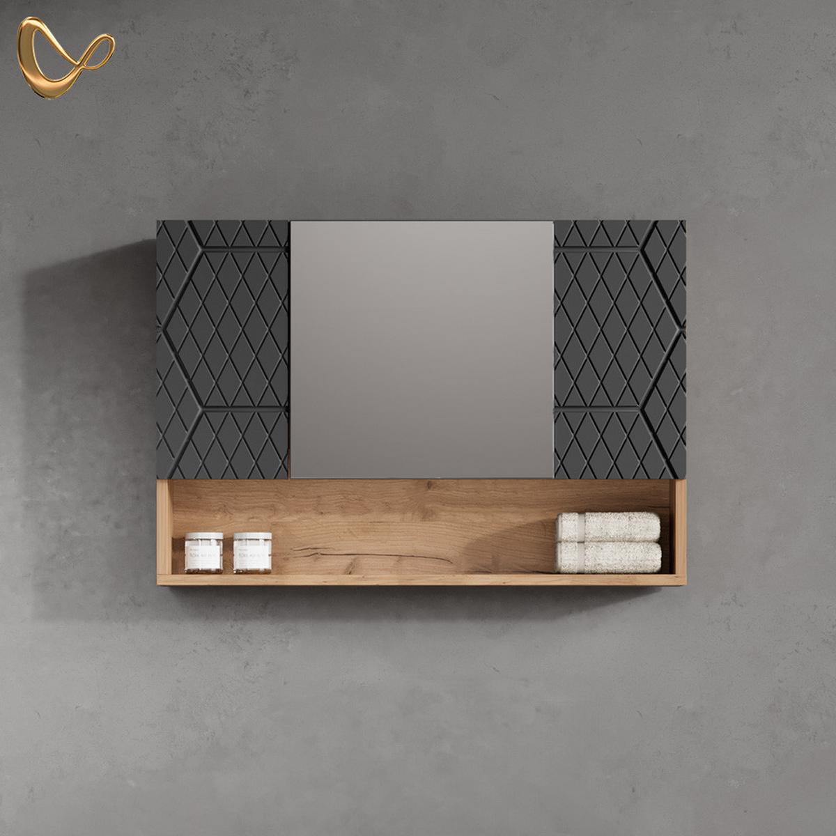 BADSPIEGELSCHRANK Ronco Anthrazit mit Wabenstruktur 80 x 55 cm - Anthrazit/Eiche Wotan, Holzwerkstoff (80/55/17cm) - Livinity®
