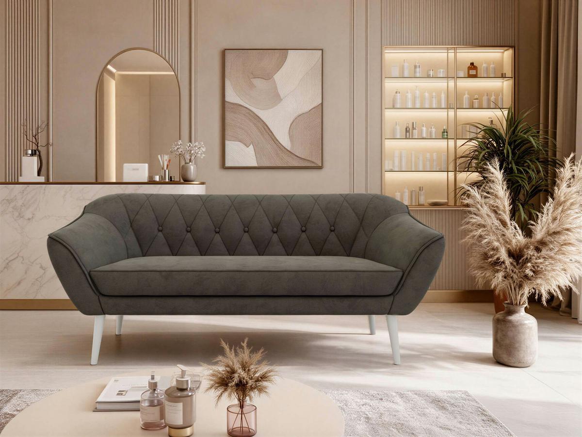 3-SITZER-SOFA PIRS - Dunkelgrau Velvet - Weiße Beine - Dunkelgrau/Weiß, Holzwerkstoff/Textil (180/75/74cm) - MKS