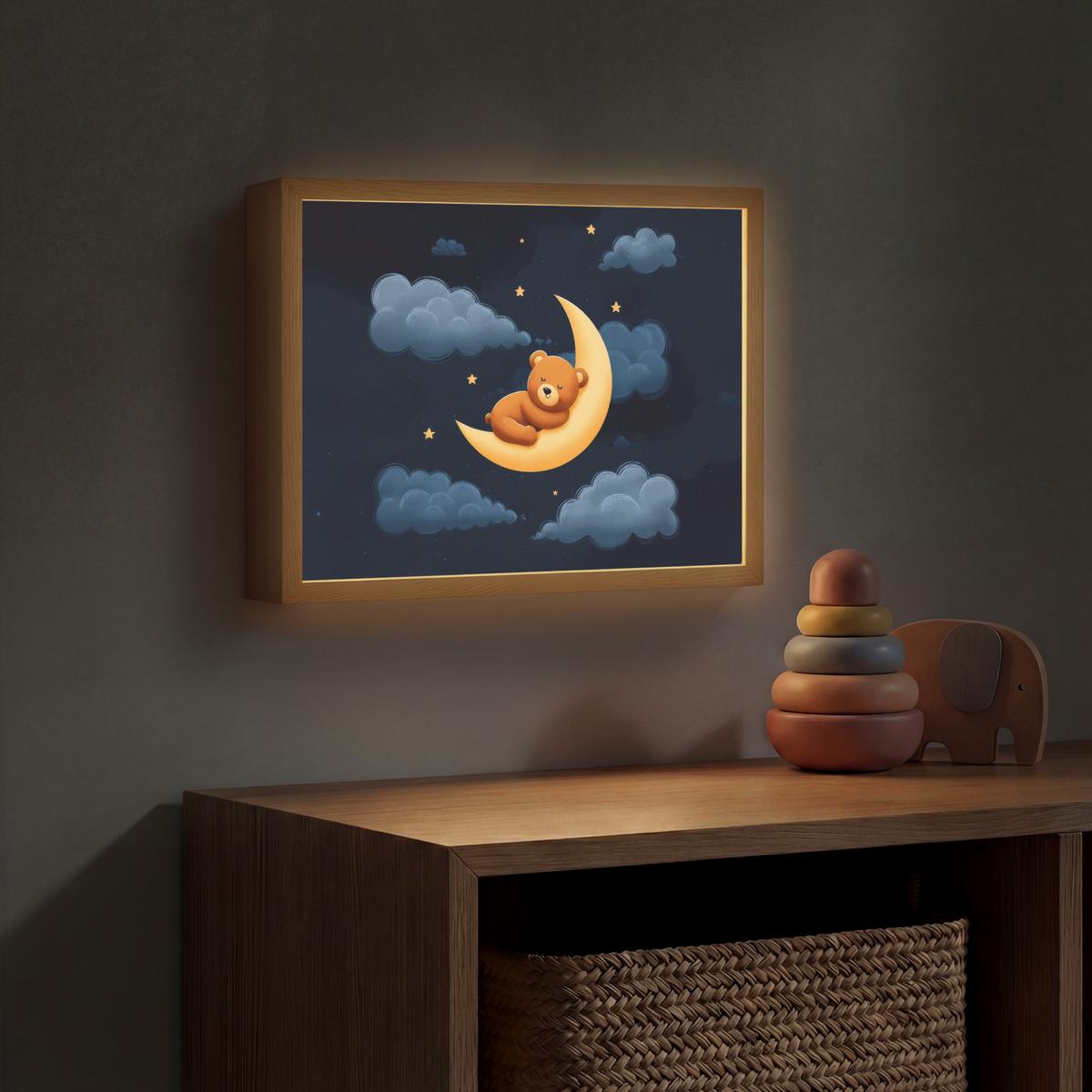 WANDLEUCHTE MIT AKKU Teddybär - Mond - Wolken - Sterne 40x30 cm - Dunkelblau, Holzwerkstoff (40/30/8cm) - OnlyWow