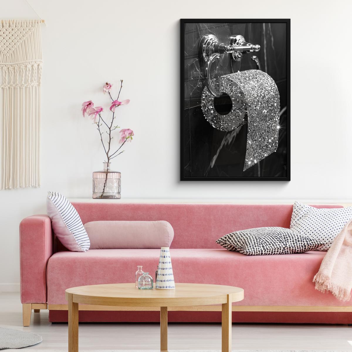 POSTER MIT RAHMENGERAHMTES BILD WC - Toilettenpapier - Schwarz und weiß - Glitter 60x90 cm - Silberfarben, Papier (60/90cm) - MuchoWow