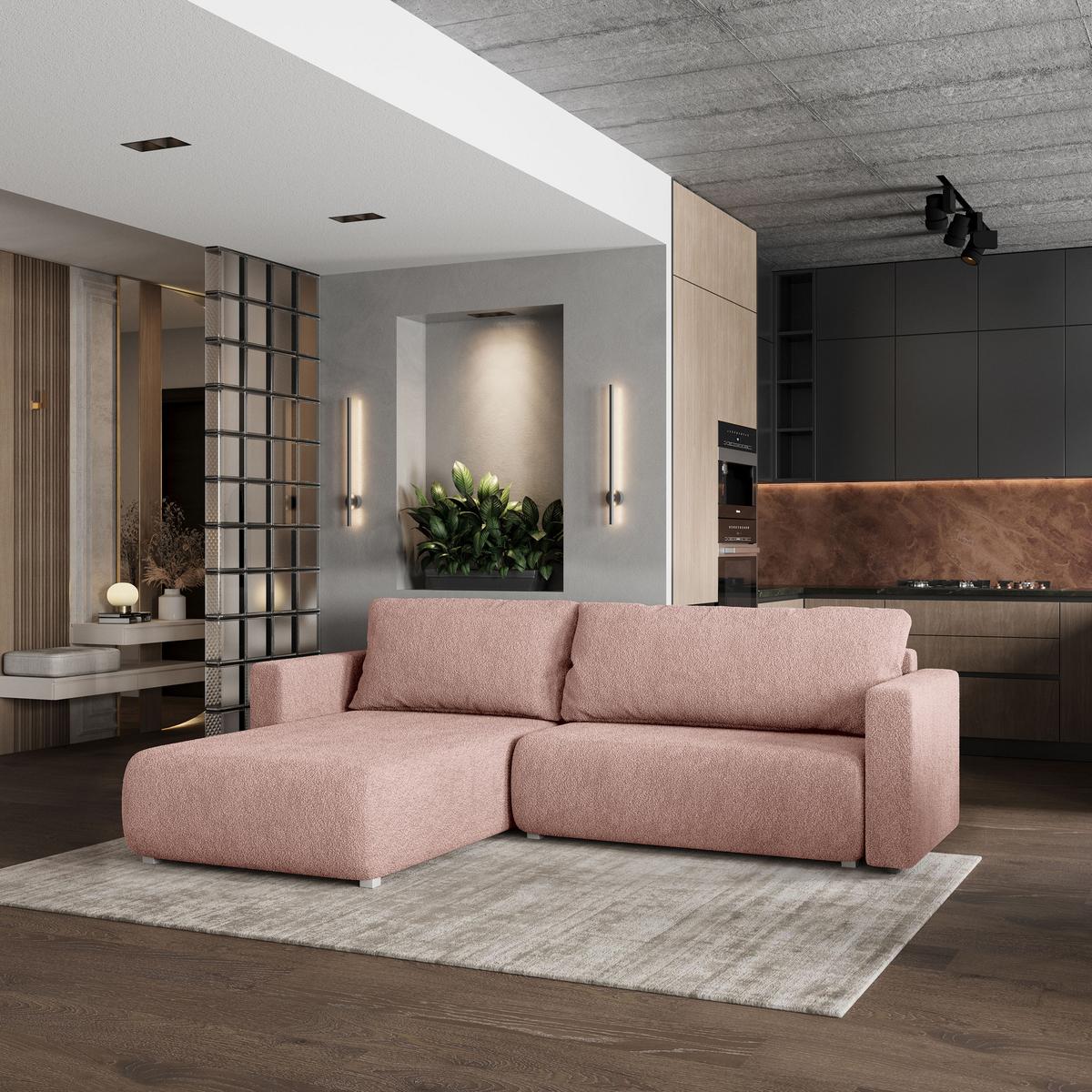 ECKSOFA TURIN N Rosa Bucle-Stoff mit Schlaffunktion - Rosa/Grau, Holz/Kunststoff (265/183cm) - MASSENO