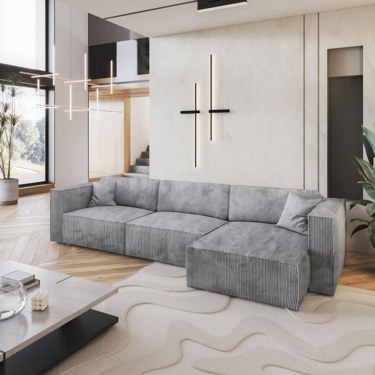 ECKSOFA TOLMO P Hellgrau Kordstoff mit Schlaffunktion - Hellgrau/Grau, Holz/Kunststoff (347/148cm) - MASSENO