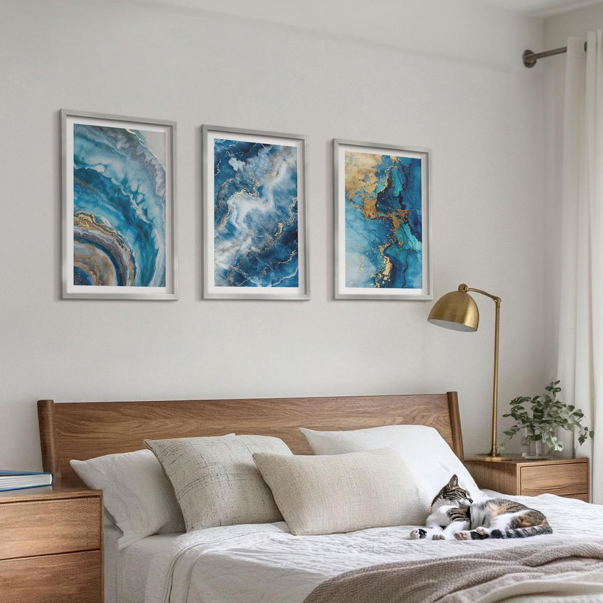 BILDER SET 3er Set - 40x60 cm Silberner Rahmen - Blaue abstrakte Muster - Silberfarben, Kunststoff (40/60cm) - TULUP