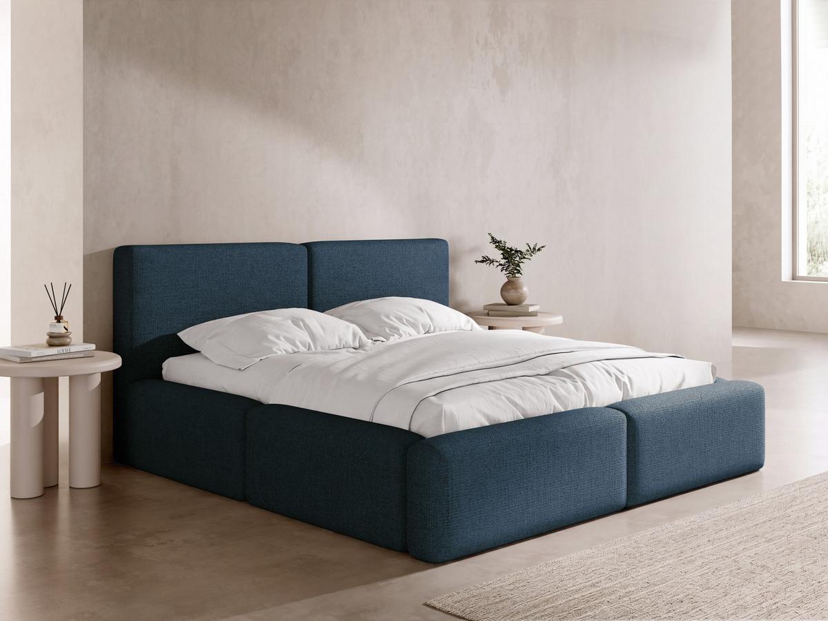 POLSTERBETT Duo mit Bettkasten, Metall-Lattenrost & hohem Kopfteil in Dunkelblau Chenille 160x200 cm - Birkefarben/Dunkelblau, Kunststoff/Textil (160/200cm) - WFL GROUP