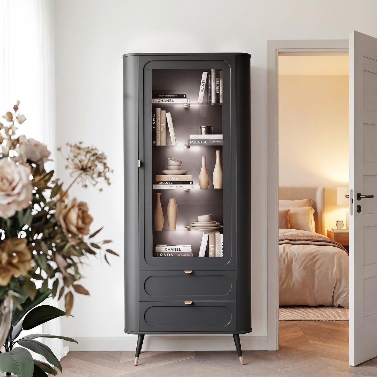 VITRINE NOIR 78 cm mit LED-Beleuchtung, Schwarz - Goldfarben/Schwarz, Holzwerkstoff/Metall (78.4/192.4/40cm) - Idohome