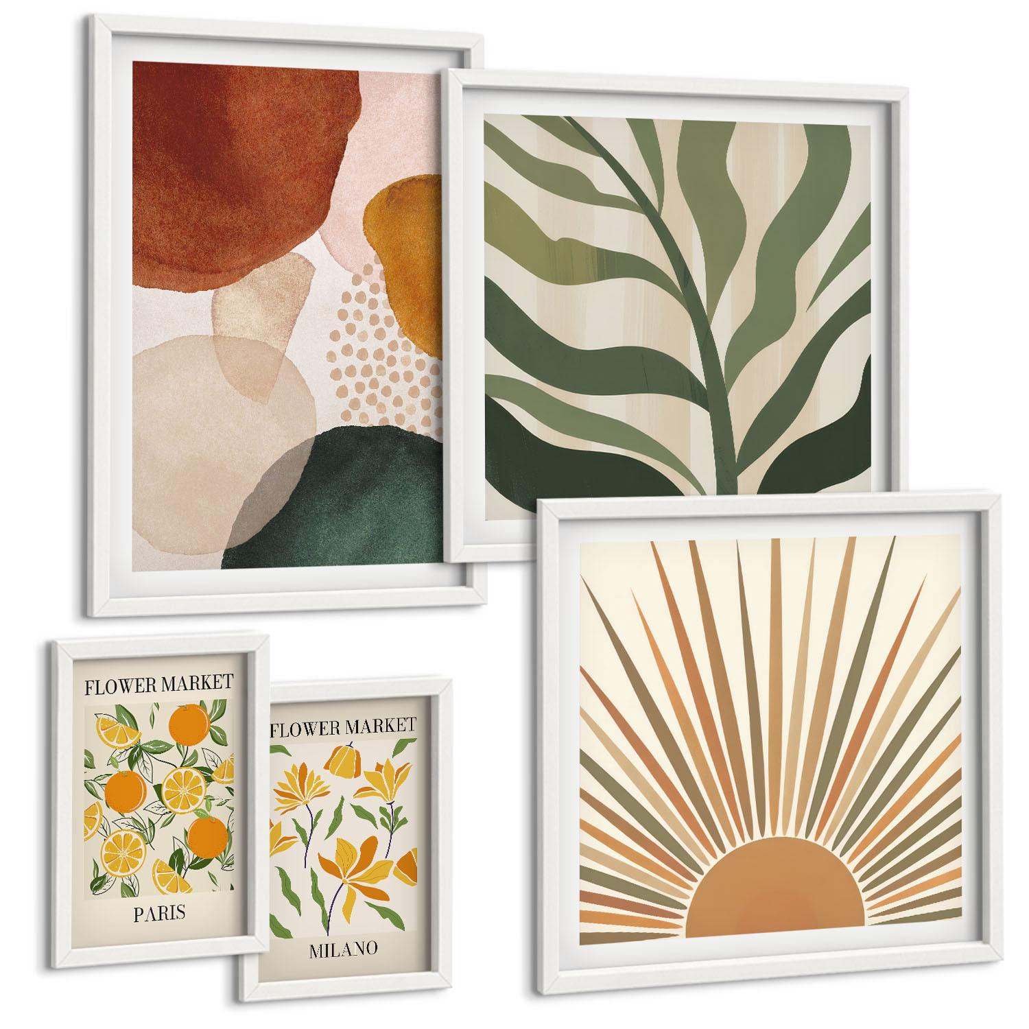 BILDER SET 5er Set - 50x50 cm & 20x30 cm & 40x60 cm Weißer Rahmen - Abstrakte Blumenmotive - Weiß, Kunststoff (40/60cm) - TULUP