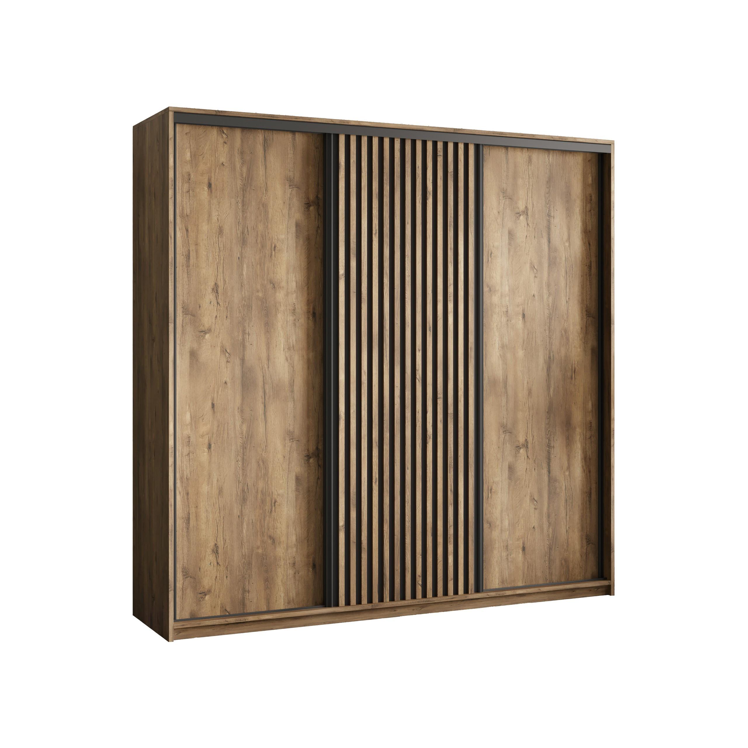 SCHWEBETÜRENSCHRANK VONTE 180/205/60 cm 3-türig mit Lamellen Eiche Lefkas - Eichefarben/Schwarz, Holzwerkstoff (180/205/60cm) - MASSENO