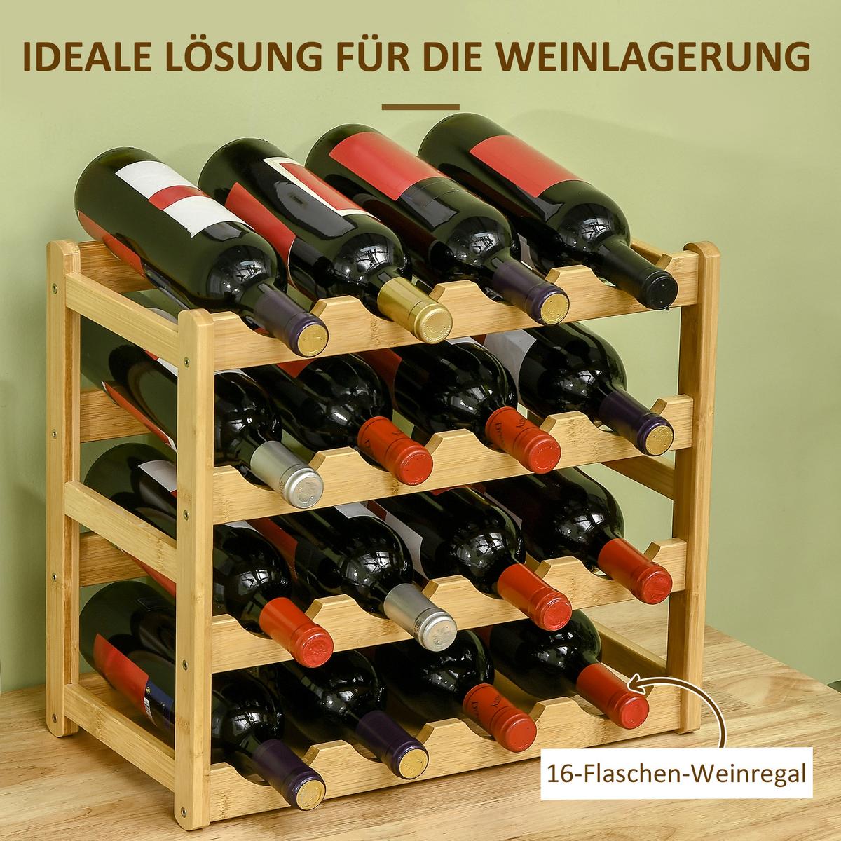 WEINREGAL Flaschenregal Weinhalter für 16 Flaschen Standregal aus Bambus Natur - Naturfarben, Naturmaterialien (23.5/38/43cm) - HOMCOM