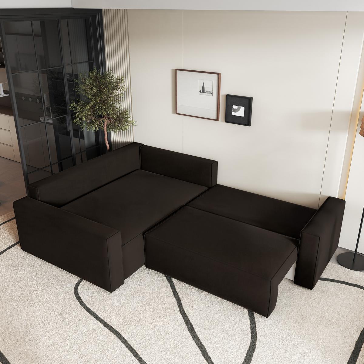 ECKSOFA ERONIS L-S Braun Velours-Stoff mit Schlaffunktion - Braun, Holz (265/194cm) - MASSENO