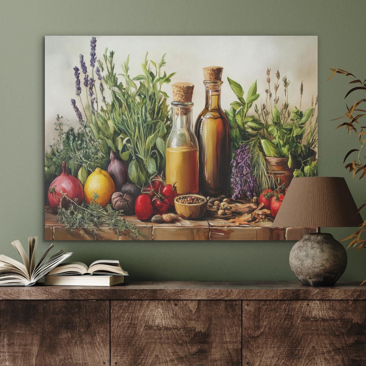 AKUSTIKBILD Stilleben - Kräuter - Gewürze - Früchte - Farbenfroh Gemälde 80x60 cm - Grün, Kunststoff (80/60/0.9cm) - MuchoWow