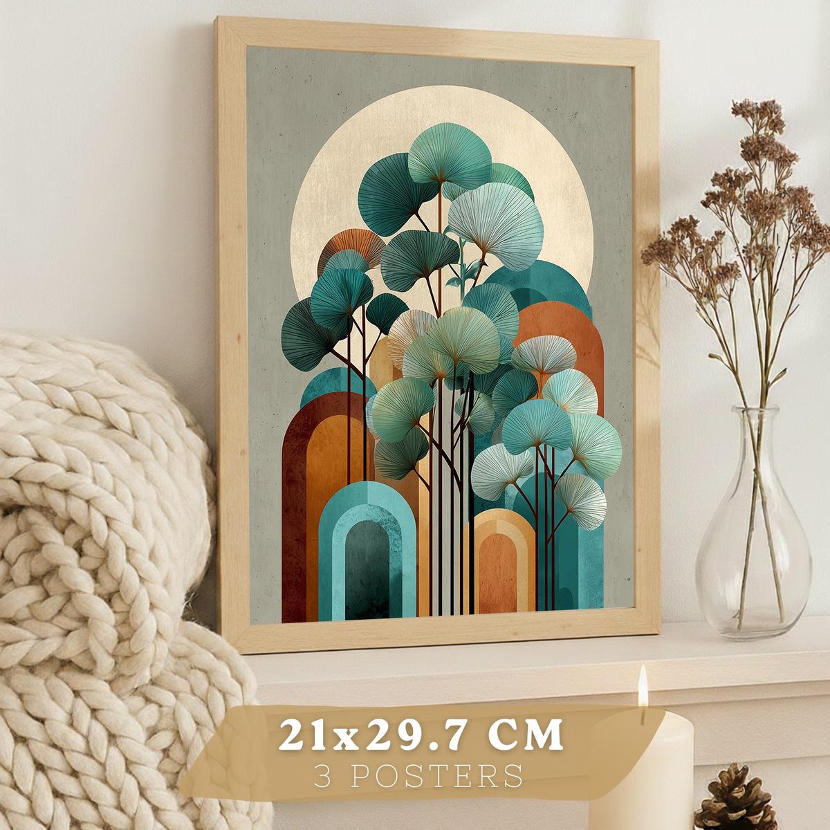 POSTER 3er Kunstdruck-Set Wandbilder Floral Abstrakt Blau Türkis modern Wohnzimmer Deko, Schlafzimmer, Küche, Badezimmer Leichter Holzrahmen A3 - Beige, Papier (29.7/1/42cm) - Nacnic