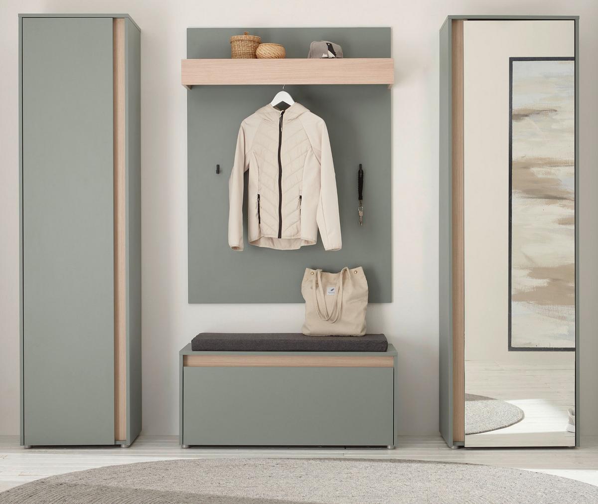GARDEROBE Komplett-Set 5-teilig in Salbei Grün mit Eiche, Flurgarderobe 230 x 200 cm, inkl. Sitzkissen - Salbeigrün/Eichefarben, Glas/Holz (230/200/40cm) - Furn.Design