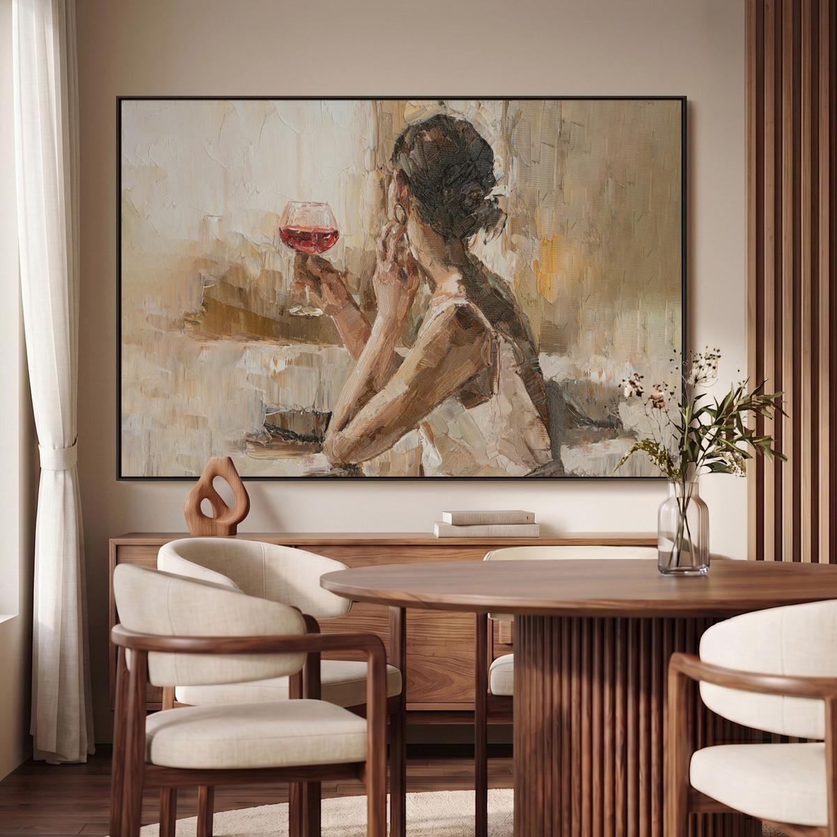 LEINWAND Bilder mit Rahmen - Ölgemälde - Frau - Wein - 140x90 - Hellbraun, Textil (140/90cm) - MuchoWow