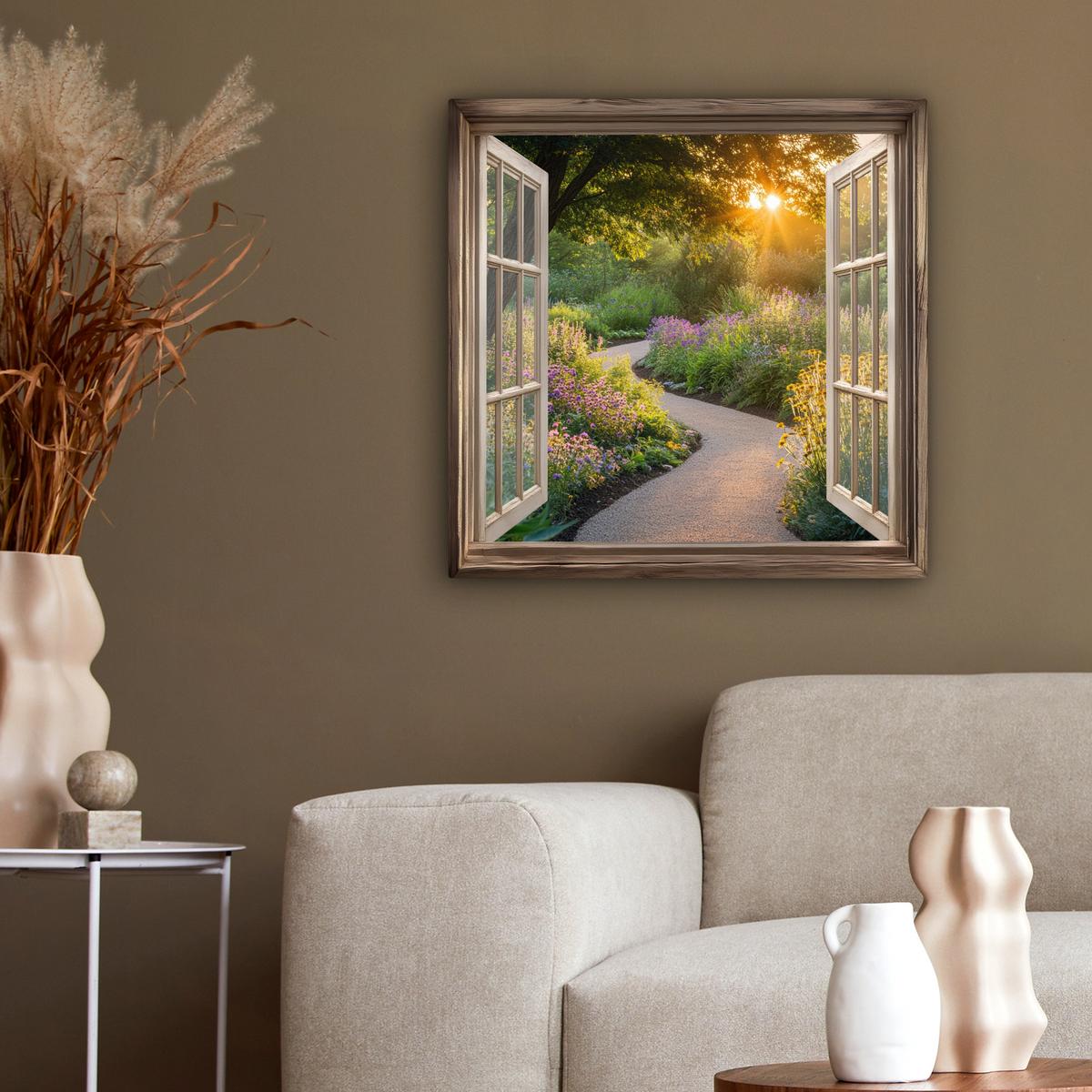 LEINWANDBILD Aussicht - Blumen - Natur - Sonne - Weg Wandbild Wohnzimmer 50x50 cm - Hellgelb, Textil (50/50cm) - MuchoWow