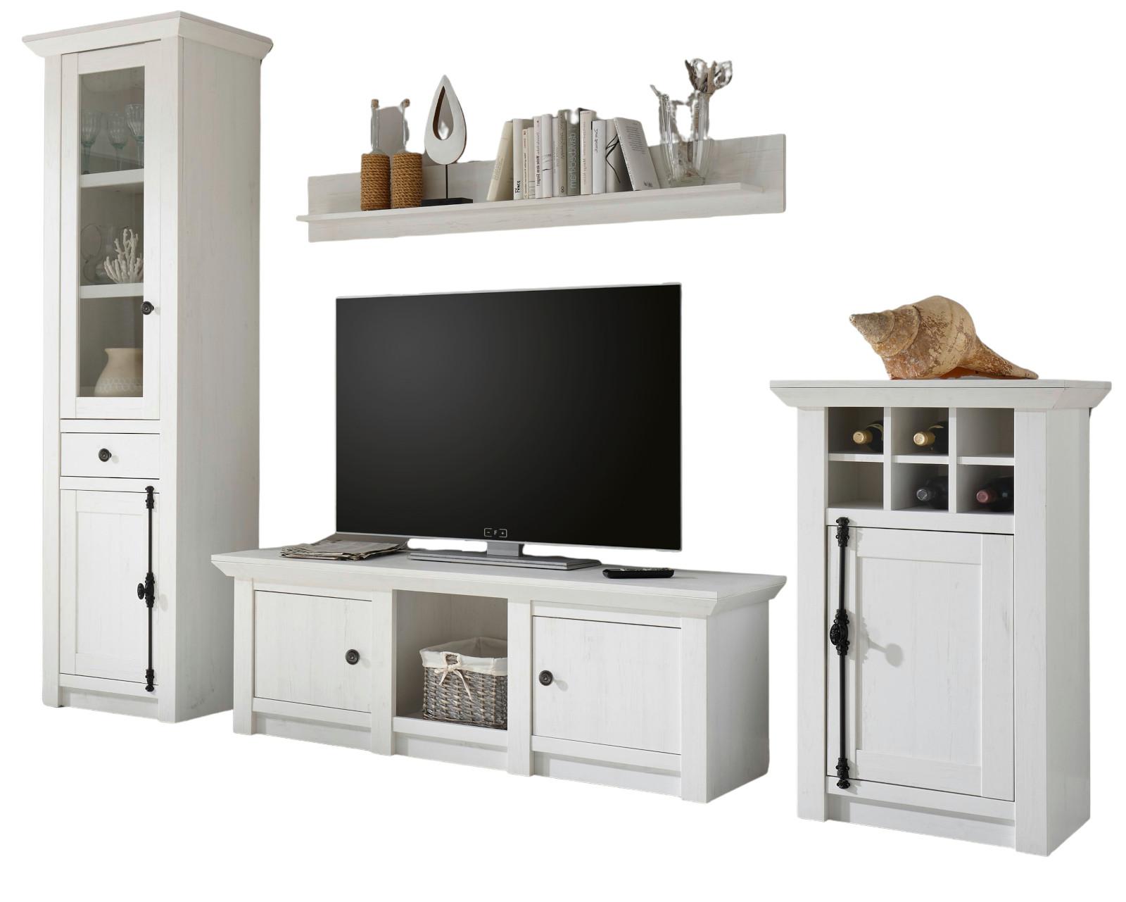 WOHNWAND weiß Pinie Landhaus, Schrankwand 4-teilig 298 x 207 cm - Anthrazit/Weiß, Holzwerkstoff/Metall (298/207/45cm) - Furn.Design