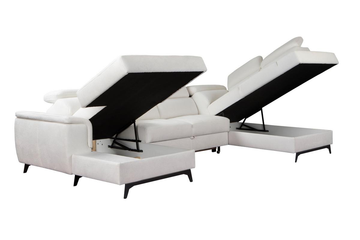 WOHNLANDSCHAFT VOLA Weiß Velours-Stoff mit Schlaffunktion - Weiß, Holz (348/105/199cm) - MASSENO
