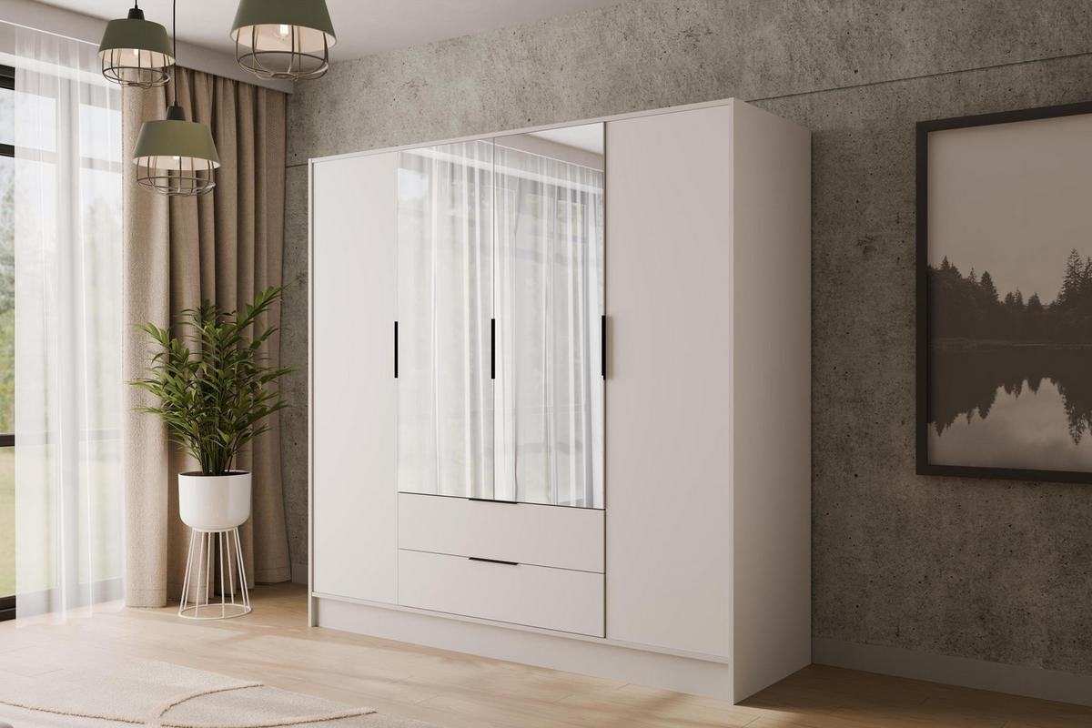 KLEIDERSCHRANK mit Spiegel und Flügeltüren KOLIN 200x200cm Weiß/Weiß - Weiß, Holzwerkstoff (200/200/51cm) - ALTDECOR