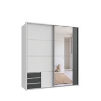 SCHWEBETÜRENSCHRANK 2-türig B183/H200/T65 cm, Passepartout-Kleiderschrank in Weiß, 1x Tür & sichtbare Schubkästen in Grafit mit Spiegel / 22710 - Graphitfarben/Alufarben, Holz/Holzwerkstoff (183/200/65cm) - luma-home