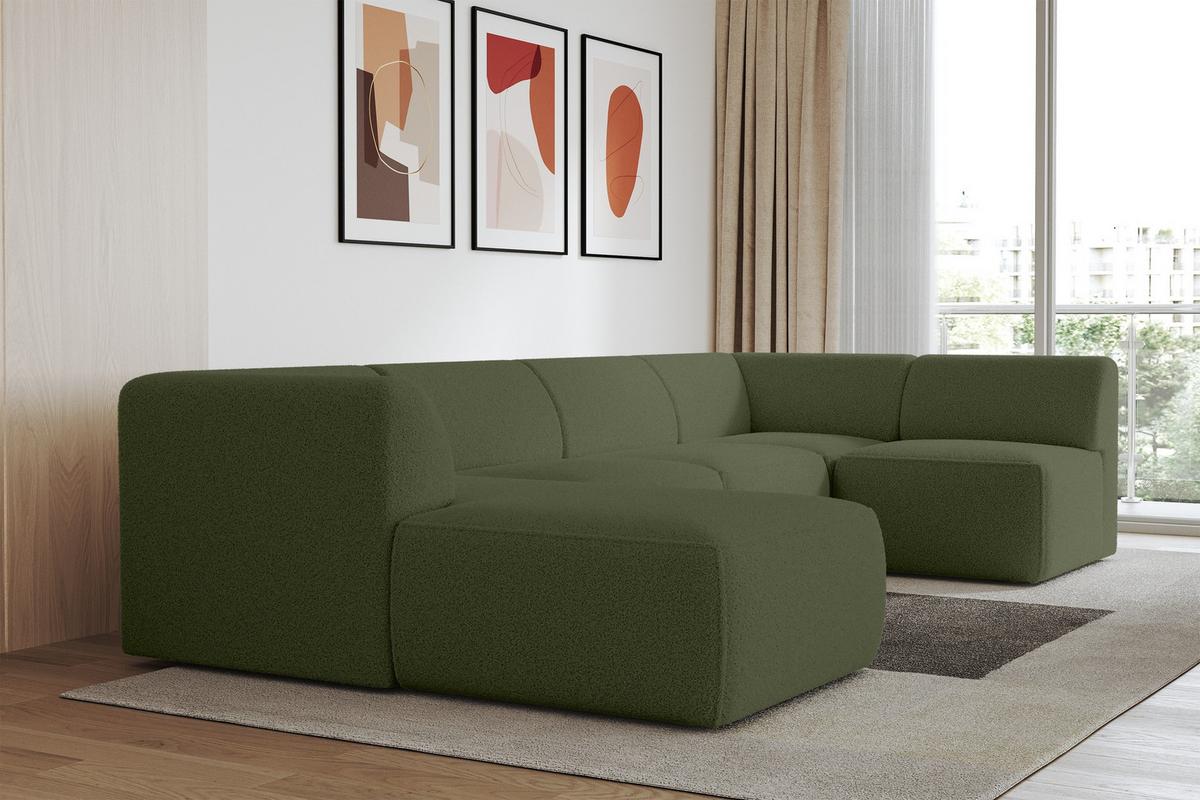 WOHNLANDSCHAFT Ottomane Links MOVO-L 345x180x78 cm Grün Bouclé - Dunkelgrün, Holzwerkstoff/Kunststoff (345/78/180cm) - ALTDECOR