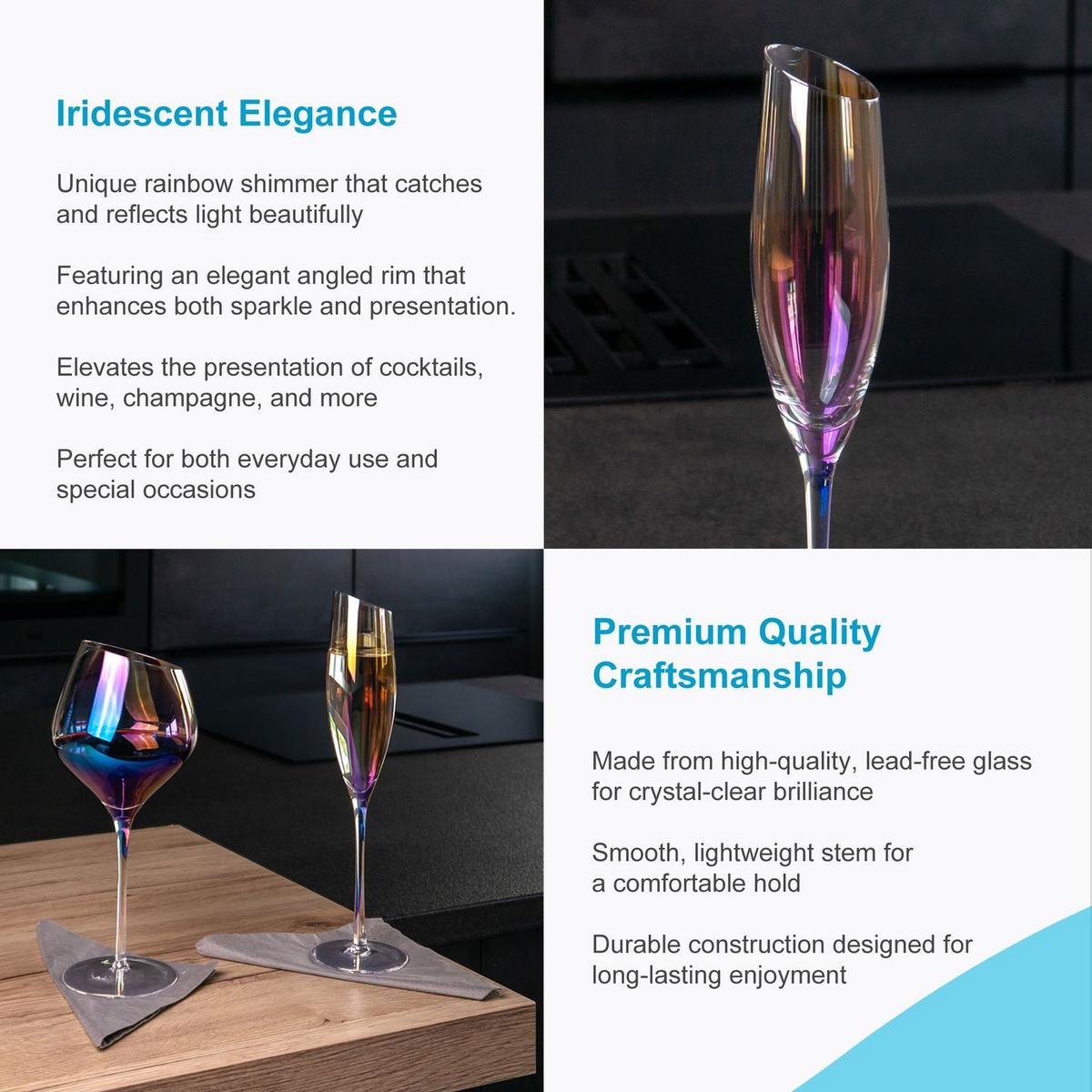 CHAMPAGNER/SEKT Glas mit moderner Kante Regenbogen Schimmer 150 ml (2er-Set) - Transparent, Glas (0.15L) - Intirilife