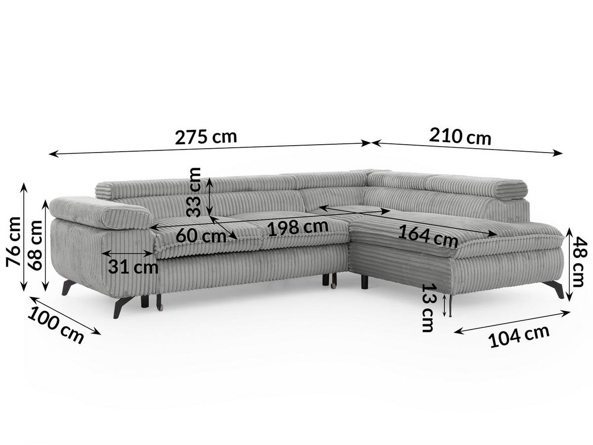 ECKSOFA mit Schlaffunktion und Bettkasten Bonnie aus Hellgrau Cord-Stoff mit verstellbaren Kopfstützen und Armlehne - Ottomane rechts - Hellgrau/Schwarz, Holz/Textil (275/210cm) - S-Style Möbel