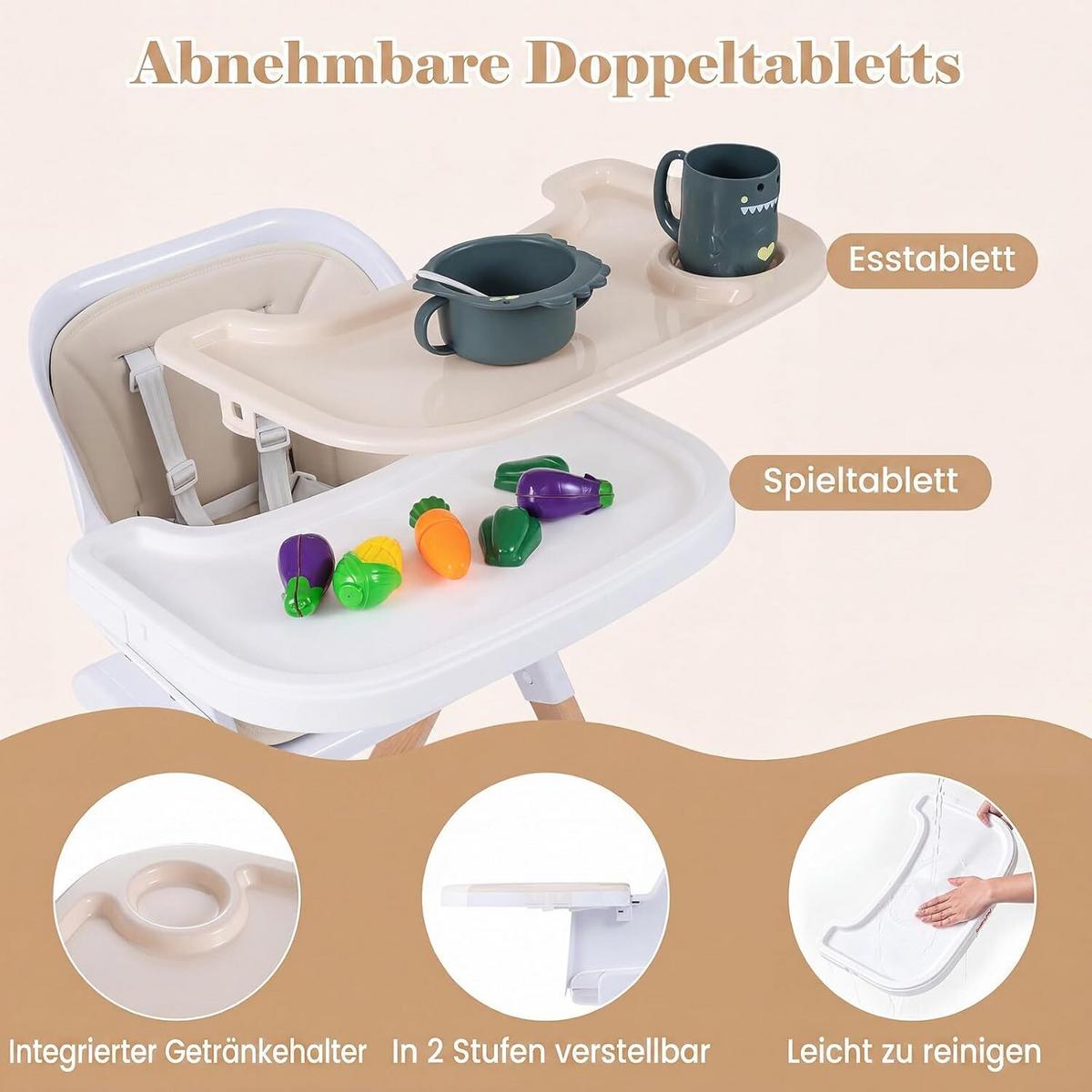 KINDERHOCHSTUHL mit Tablett beige - Beige, Holz (71/93/58cm) - COSTWAY