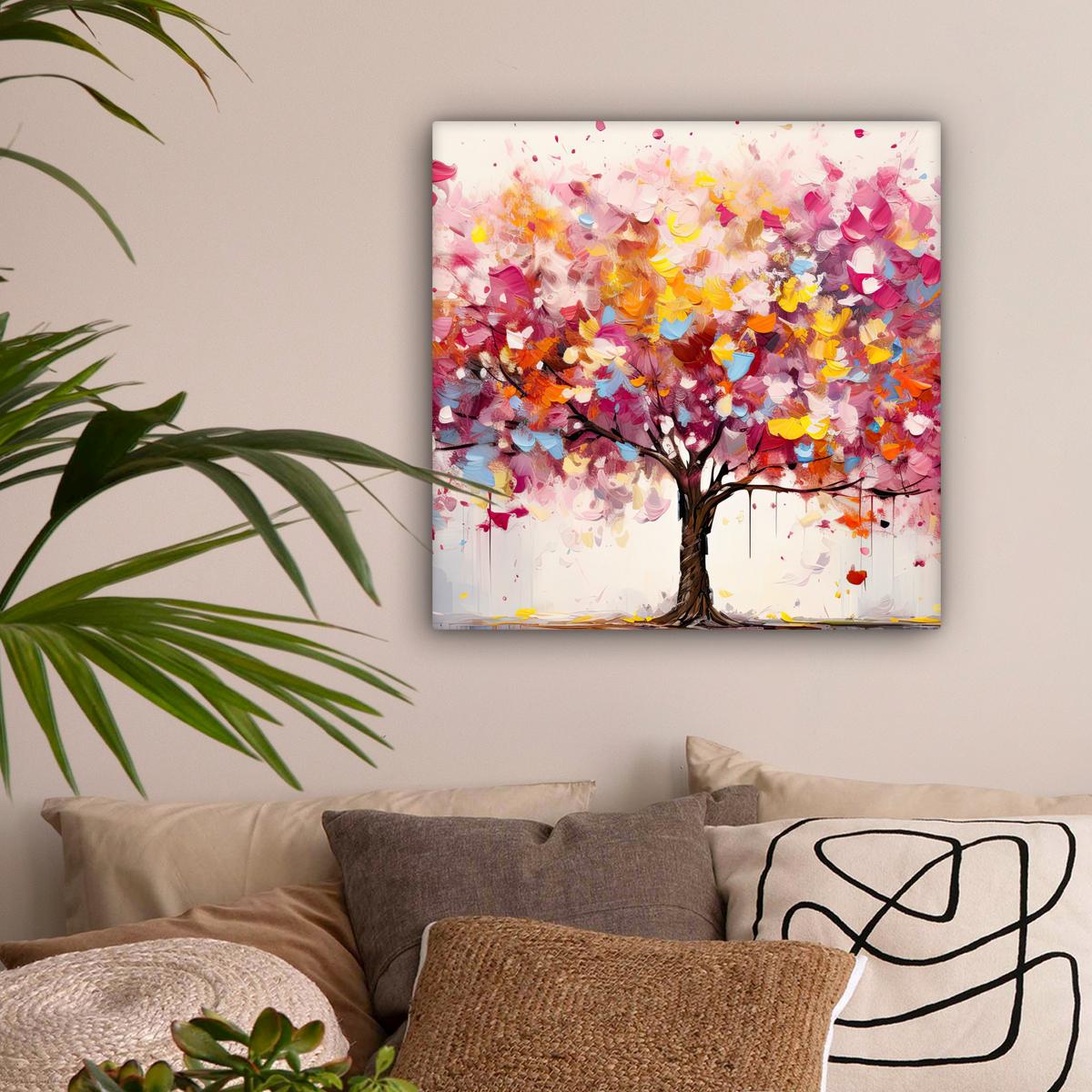 LEINWANDBILD Aquarell - Baum - Kunst - Abstrakt Wandbild Wohnzimmer 50x50 cm - Rosa, Textil (50/50cm) - MuchoWow